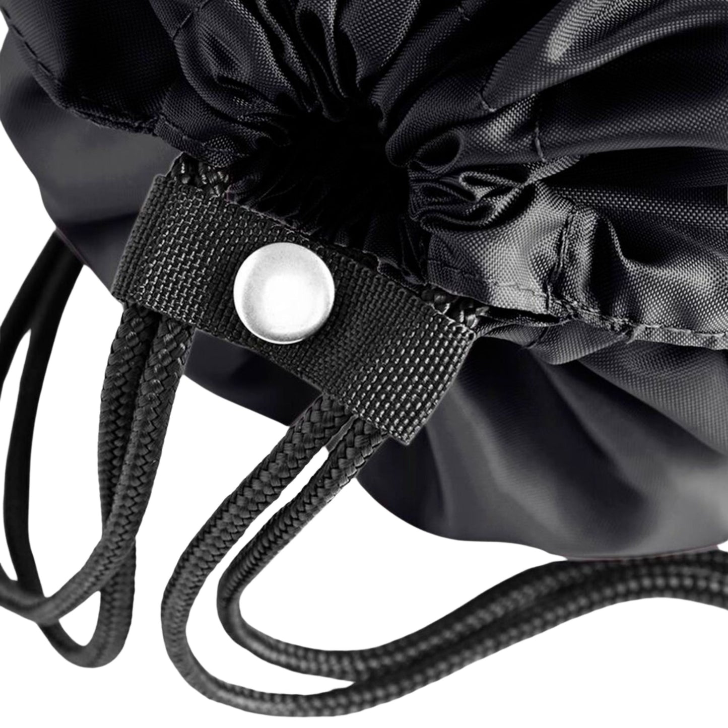 Close-up of a black drawstring bag with a button on a white background