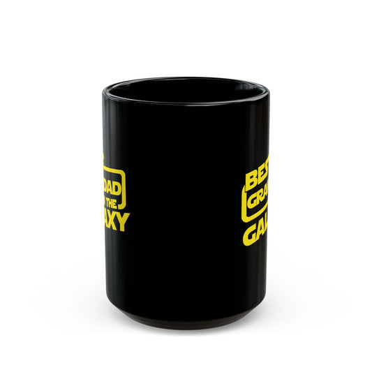 Angled view of black Best Grandad in the Galaxy ceramic mug