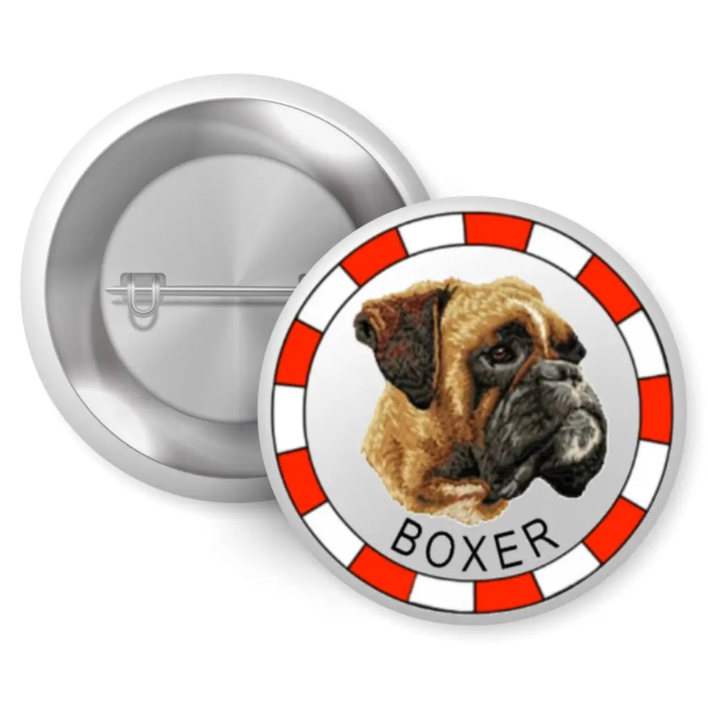 Stylish boxer dog badge featuring a detailed illustration of a Boxer breed, perfect for dog lovers. This 1-inch pin button badge showcases a vibrant design with a red border, making it an ideal accessory for anyone proud of their love for Boxers.