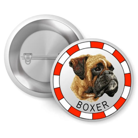 Stylish boxer dog badge featuring a detailed illustration of a Boxer breed, perfect for dog lovers. This 1-inch pin button badge showcases a vibrant design with a red border, making it an ideal accessory for anyone proud of their love for Boxers.