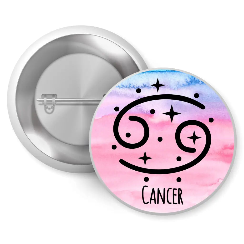 Cancer Astrology Pin Badge - 1 Inch (25mm) button featuring a vibrant pink and blue watercolour design with the Cancer zodiac sign, perfect for astrology pin badge enthusiasts.