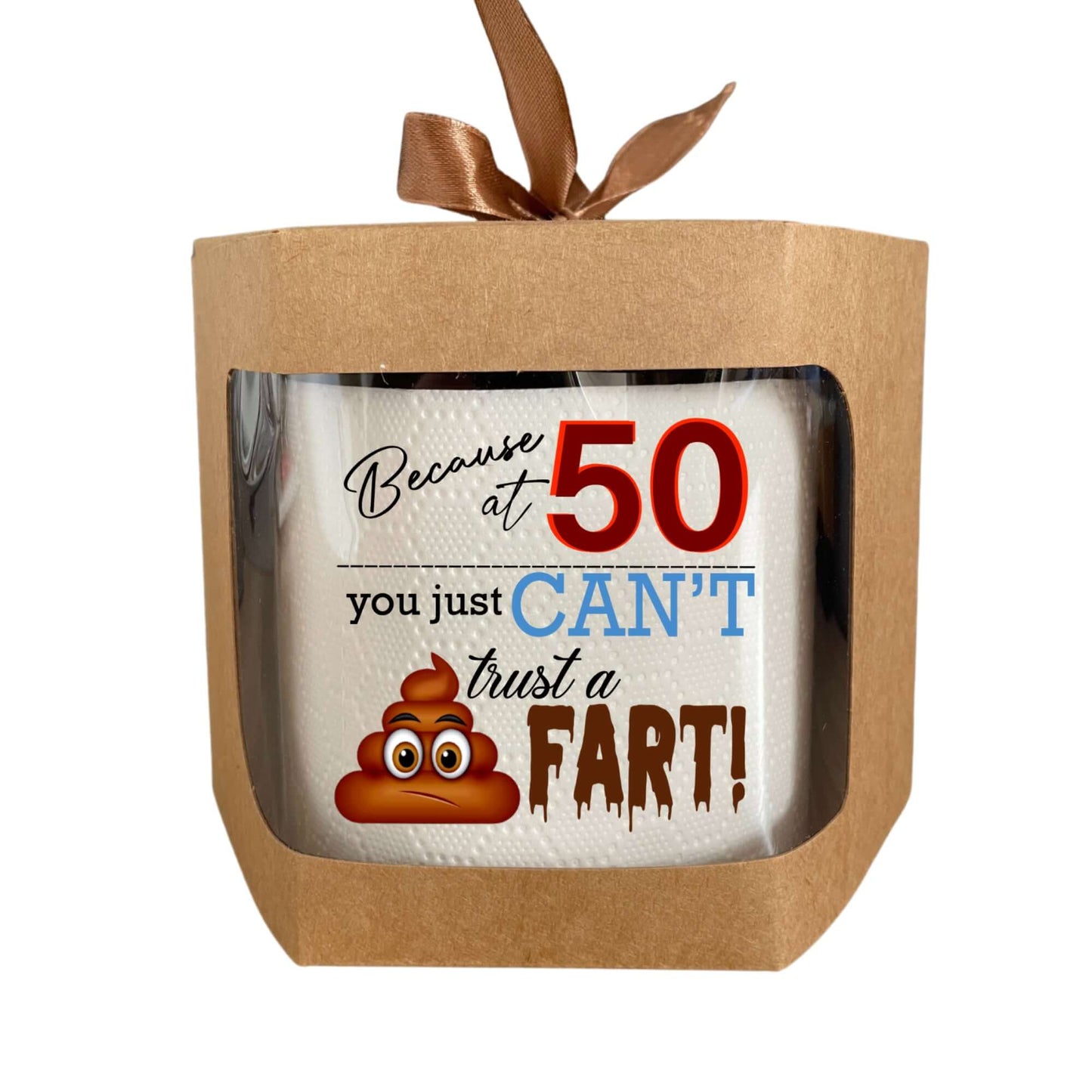 Funny 50th Birthday Gag Gift in stylish packaging, showcasing a toilet roll that states 'Because at 50 you just CAN'T trust a FART!' Ideal for a hilarious 50th birthday gift.