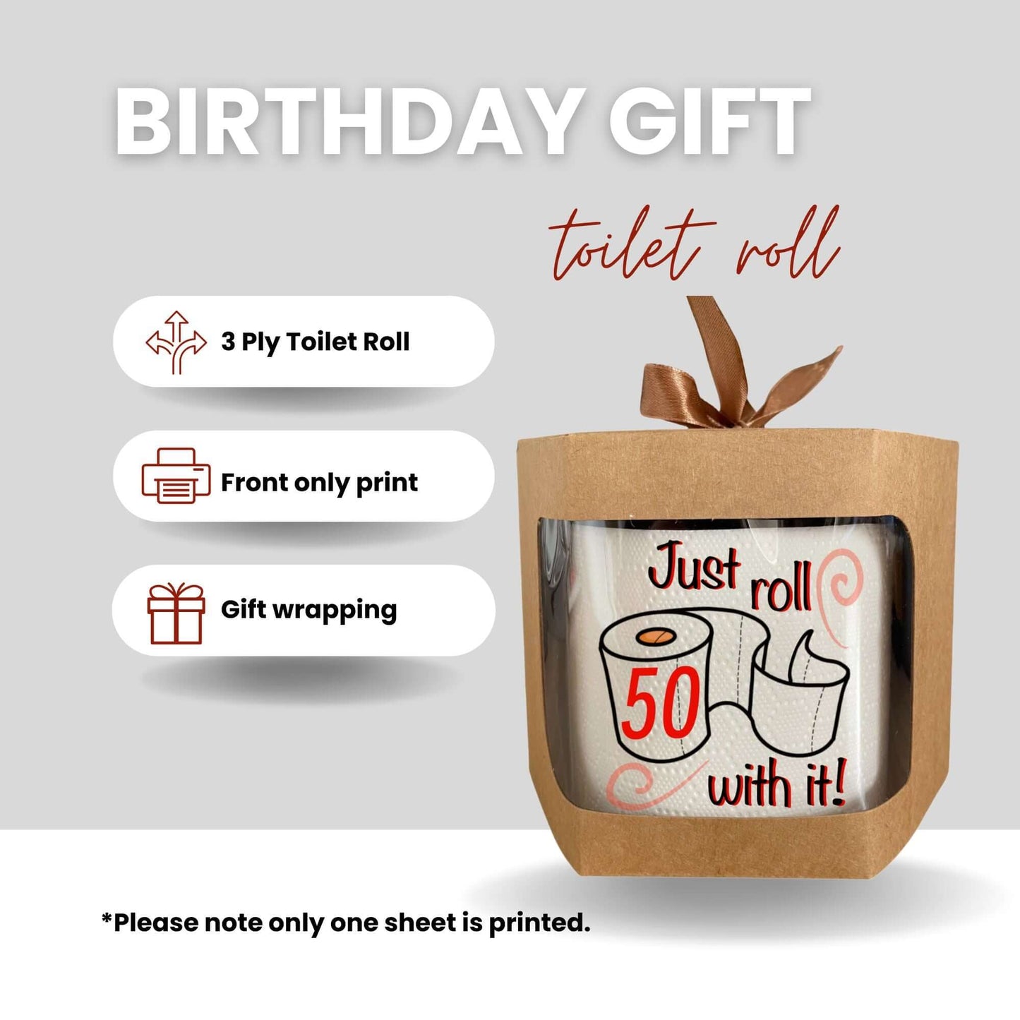Funny Toilet Roll Gift: Novelty 50th Birthday Toilet Tissue in elegant packaging with the message 'Just roll 50 with it!' - ideal for humorous birthday parties.