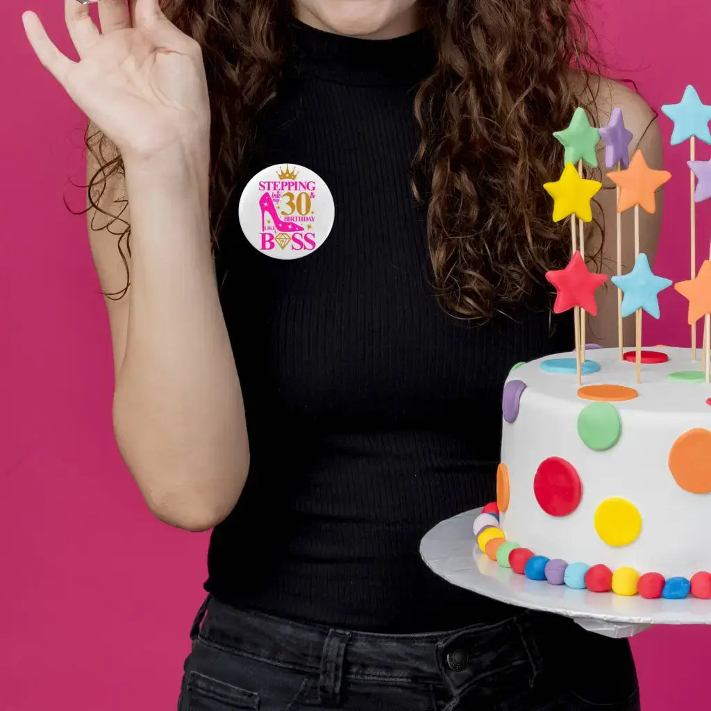 Women wearing the 30th Birthday Badge at a milestone birthday party, showcasing the chic pin designed by EMU Works.