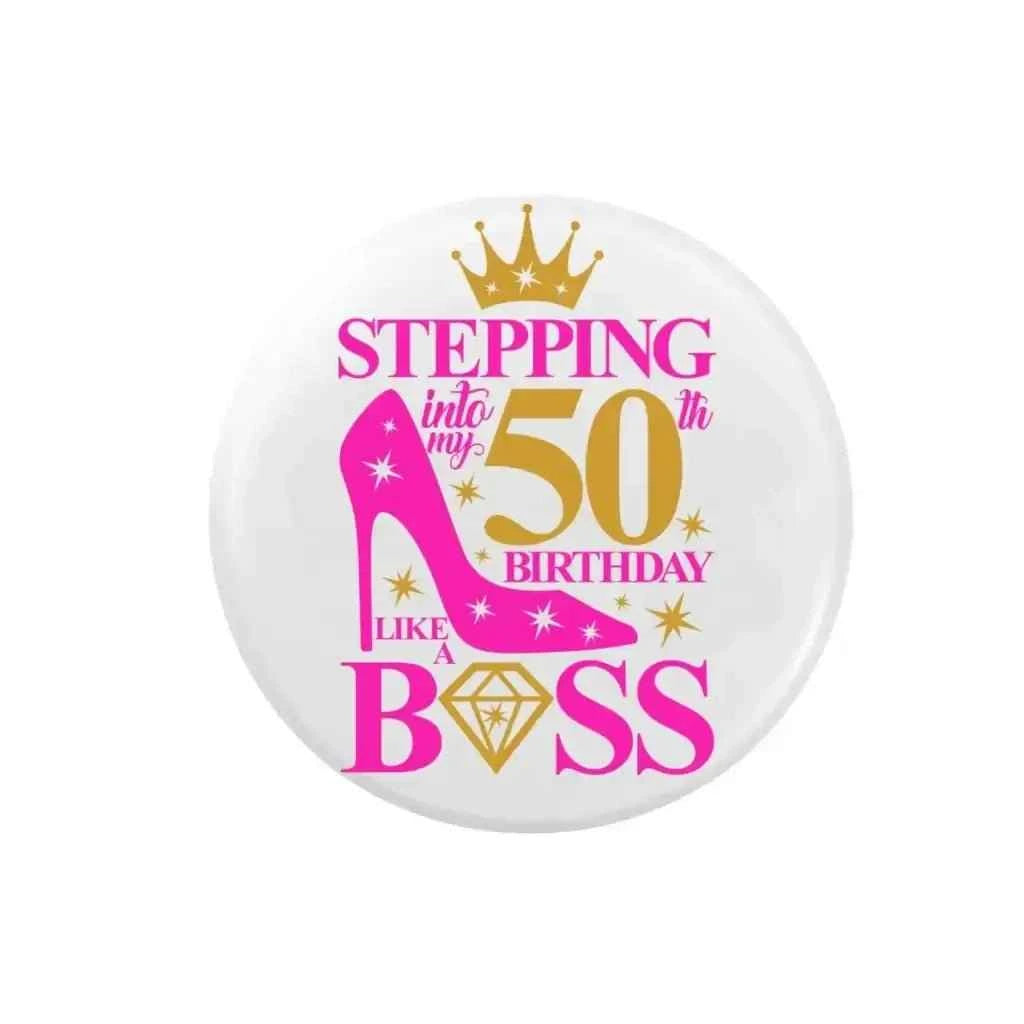 Elegant 50th Women's Birthday Pin - 2.32 Inch Button Badge, Milestone Party Accessory