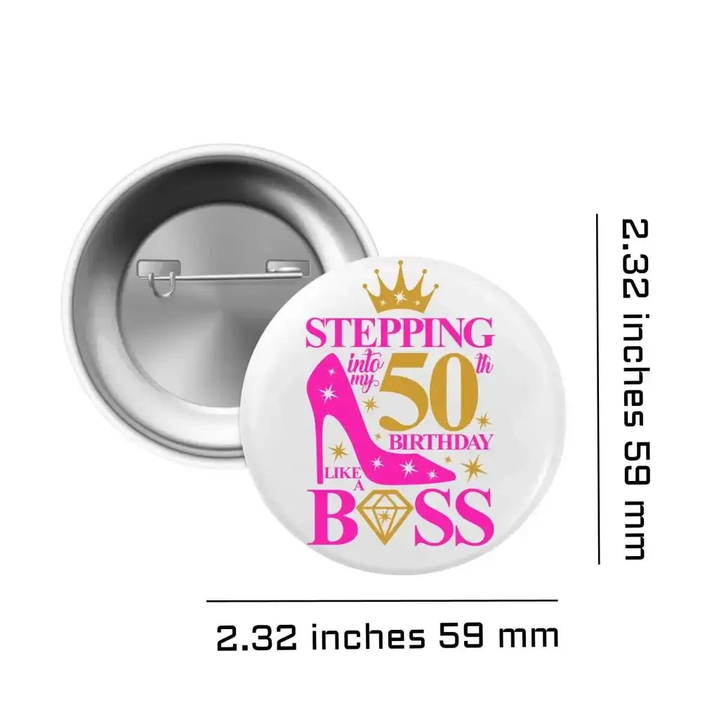 Close-up of the stylish 50th Birthday Pin for Women, demonstrating its vibrant colours and quality print as an essential women's birthday pin for memorable celebrations.