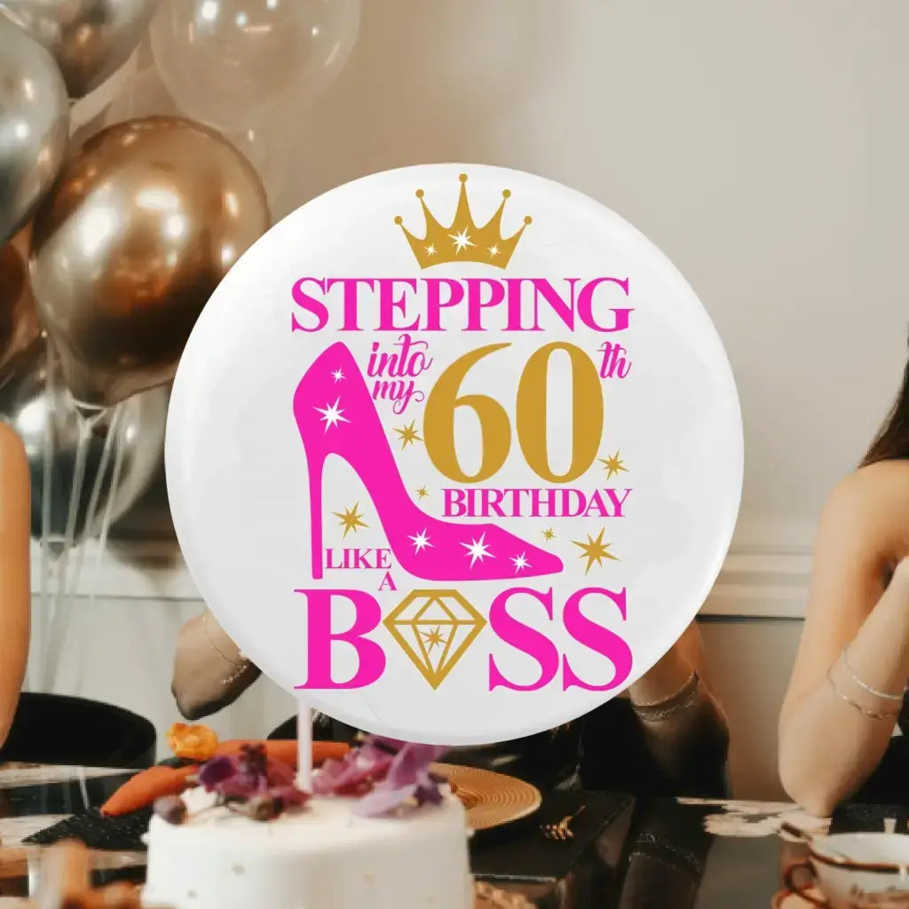 Happy birthday girl proudly wearing her stylish 60th birthday badge, marking her significant milestone celebration.
