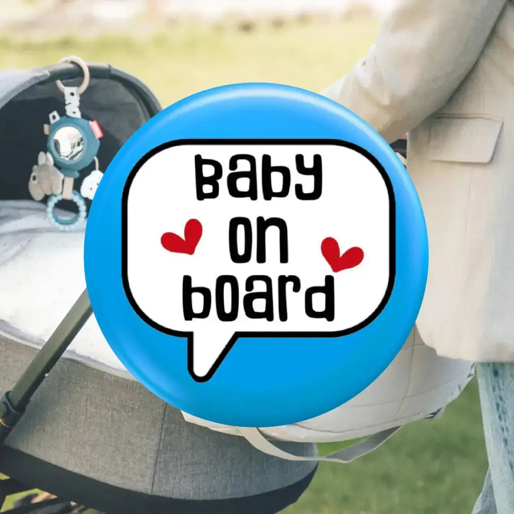 EMUWORKS - Baby On Board Badges , Speech Bubble Pregnancy Announcement , Blue Pin Button Badge Pinback Closing , Size 2.32 inches 59 mm - EMU Works