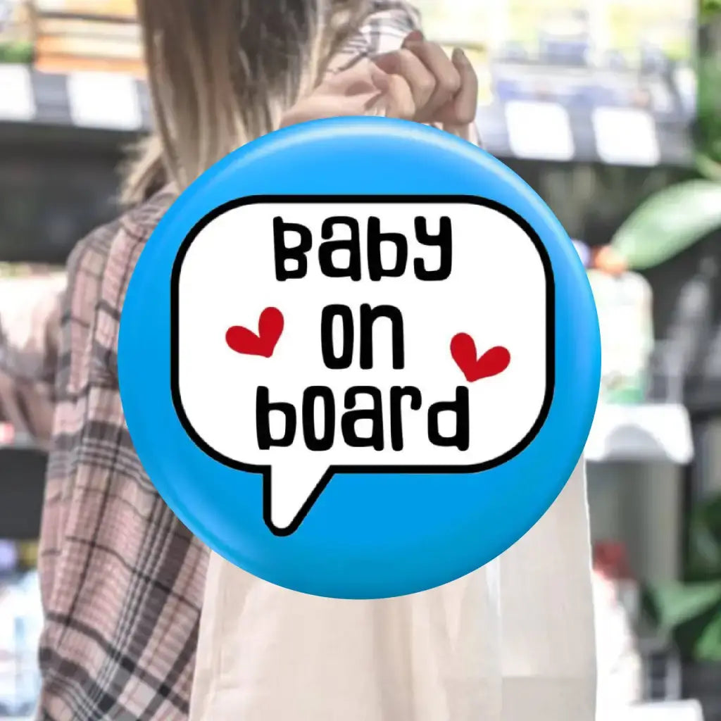 EMUWORKS - Baby On Board Badges , Speech Bubble Pregnancy Announcement , Blue Pin Button Badge Pinback Closing , Size 2.32 inches 59 mm - EMU Works