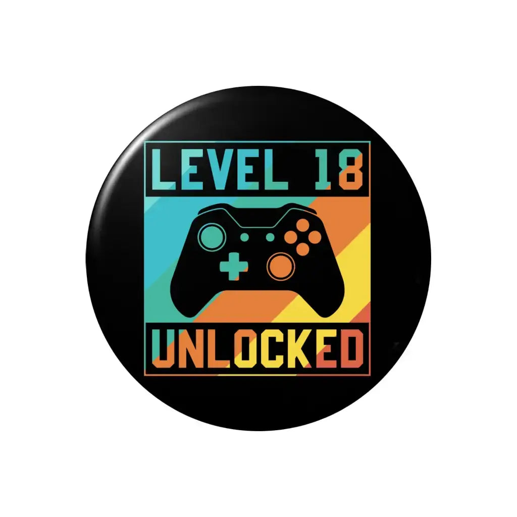 Trendy 18th Birthday Badge - 50mm Pin Button Badge for Gamer Boys and Girls showcasing vibrant design for an unforgettable celebration.
