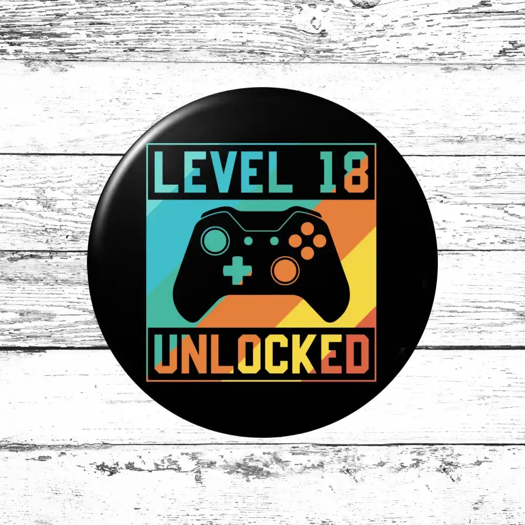 Emuworks 18th Birthday Badge - a stylish accessory for gamer boys and girls turning eighteen, essential for any birthday party.
