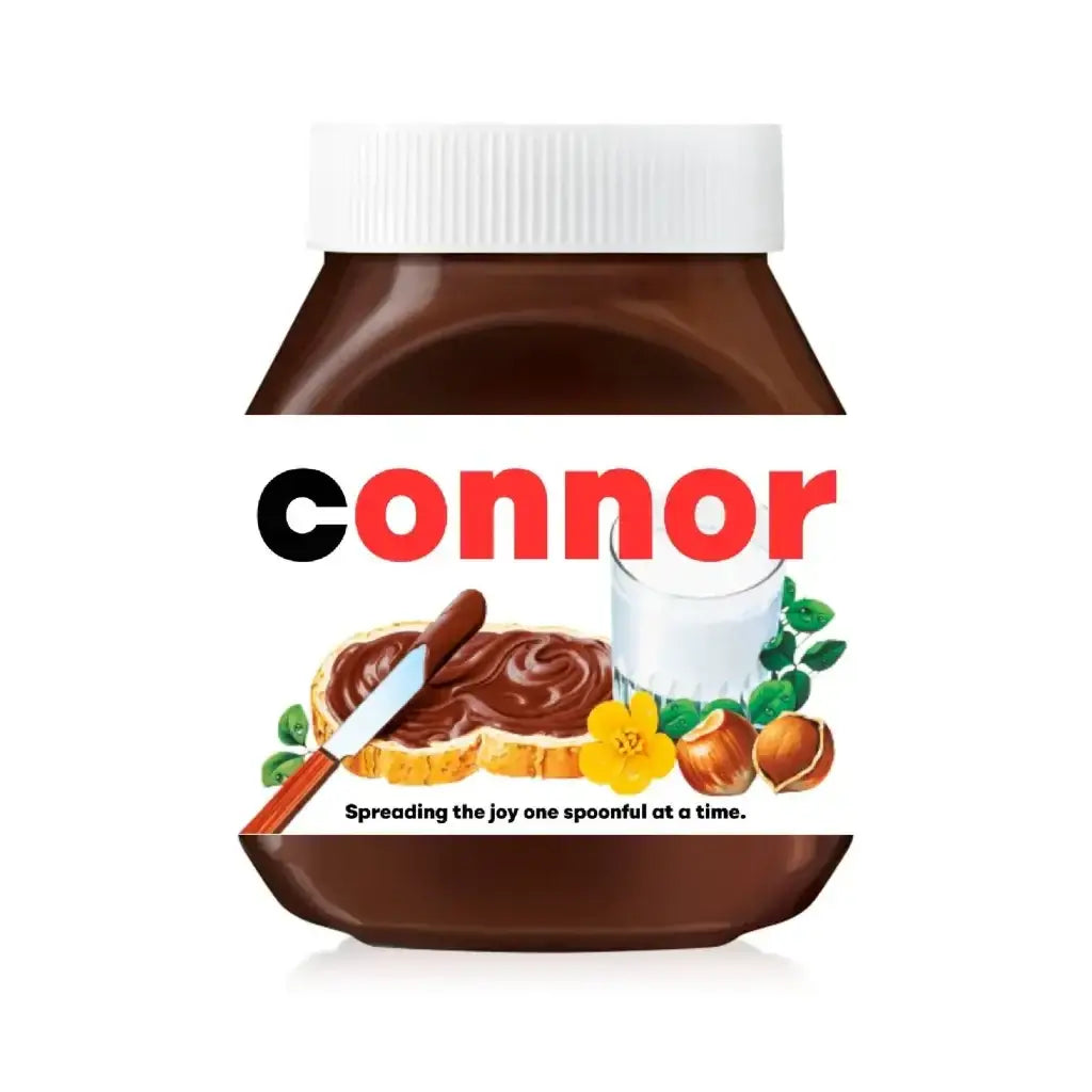 Custom Nutella jar for Connor showcasing a vibrant label, ideal as a personalised Nutella gift.