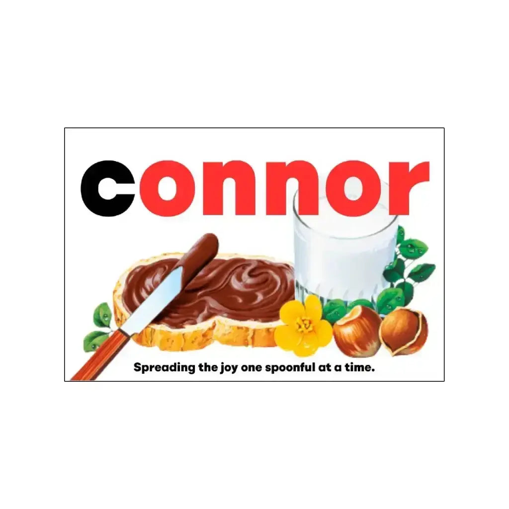 Closer look at the personalised Nutella gift label for Connor, featuring a fun design.