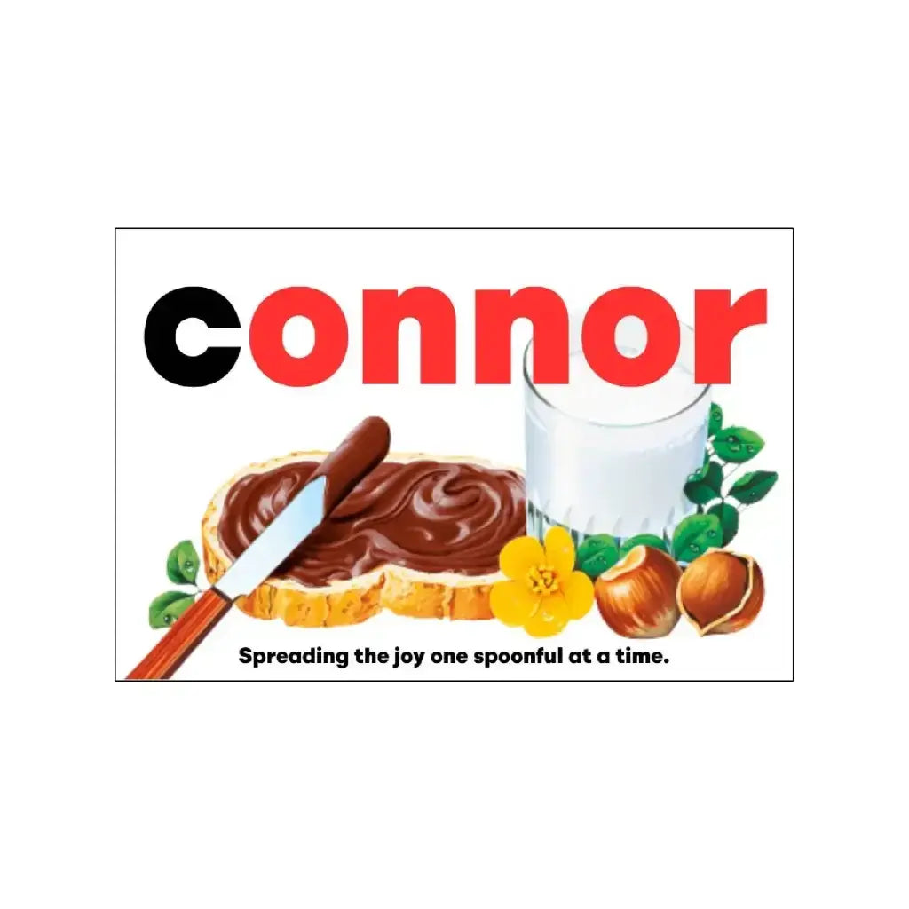 Another view of the custom Nutella label for Connor, best as a personalised Nutella gift.
