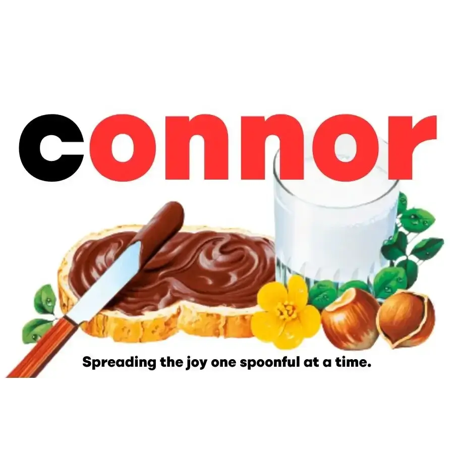 Personalised Nutella gift featuring a custom jar label for 'Connor', perfect for Christmas celebrations.