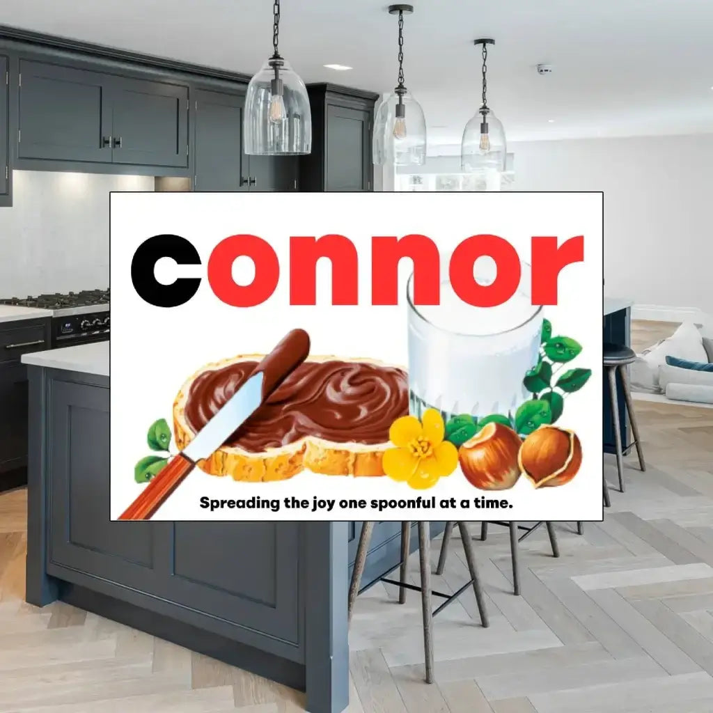 Showcasing the personalised Nutella gift label in a stylish kitchen setting, personalized for Connor.