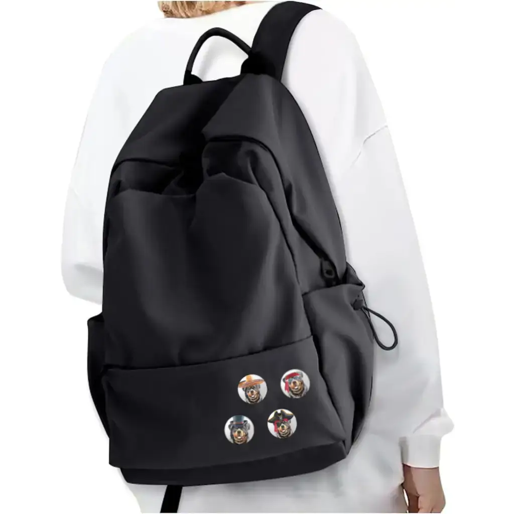 Cute Rottweiler character badges displayed on a jacket, showing off love for this awesome dog breed.