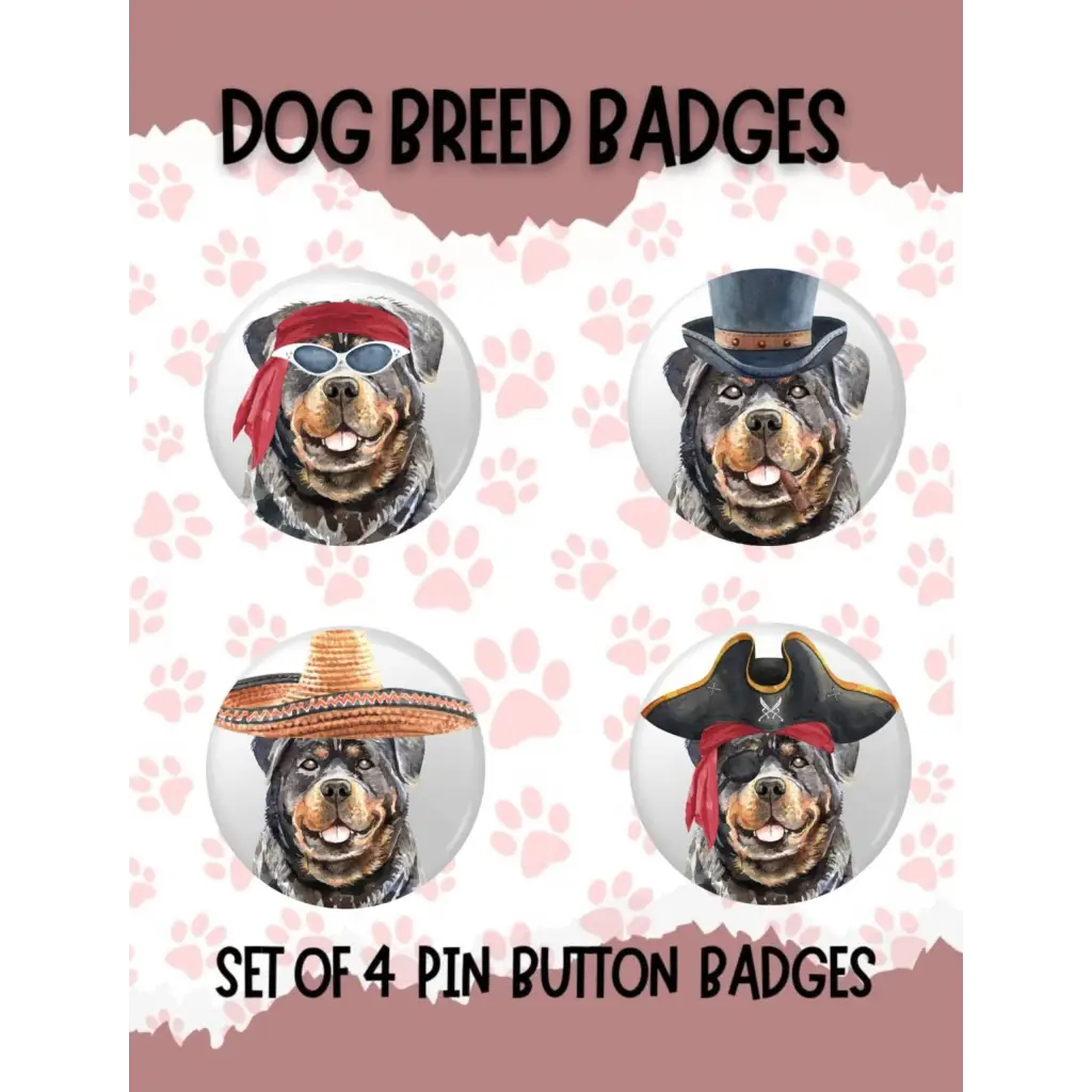 EMUWORKS - Dog Breed Badges , Set of 4 Rottweiler Dogs Featuring Headband Top Hat Sombrero Pirate Hats , Dog Personality Character Badge In Small Size - EMU Works
