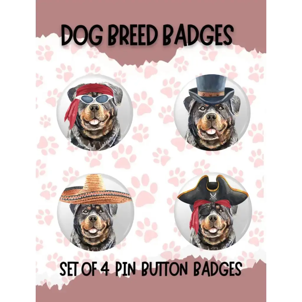 Stylish Rottweiler character badges made for dog lovers, capturing the playful essence of Rottweilers.