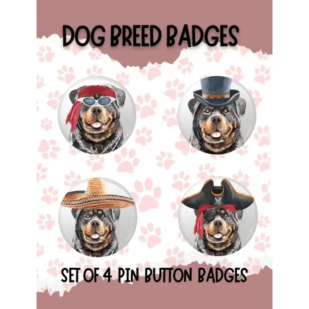 Set of 4 Rottweiler Character Badges - Quirky Dog Personalities in 1 - Inch Size - EMU Works