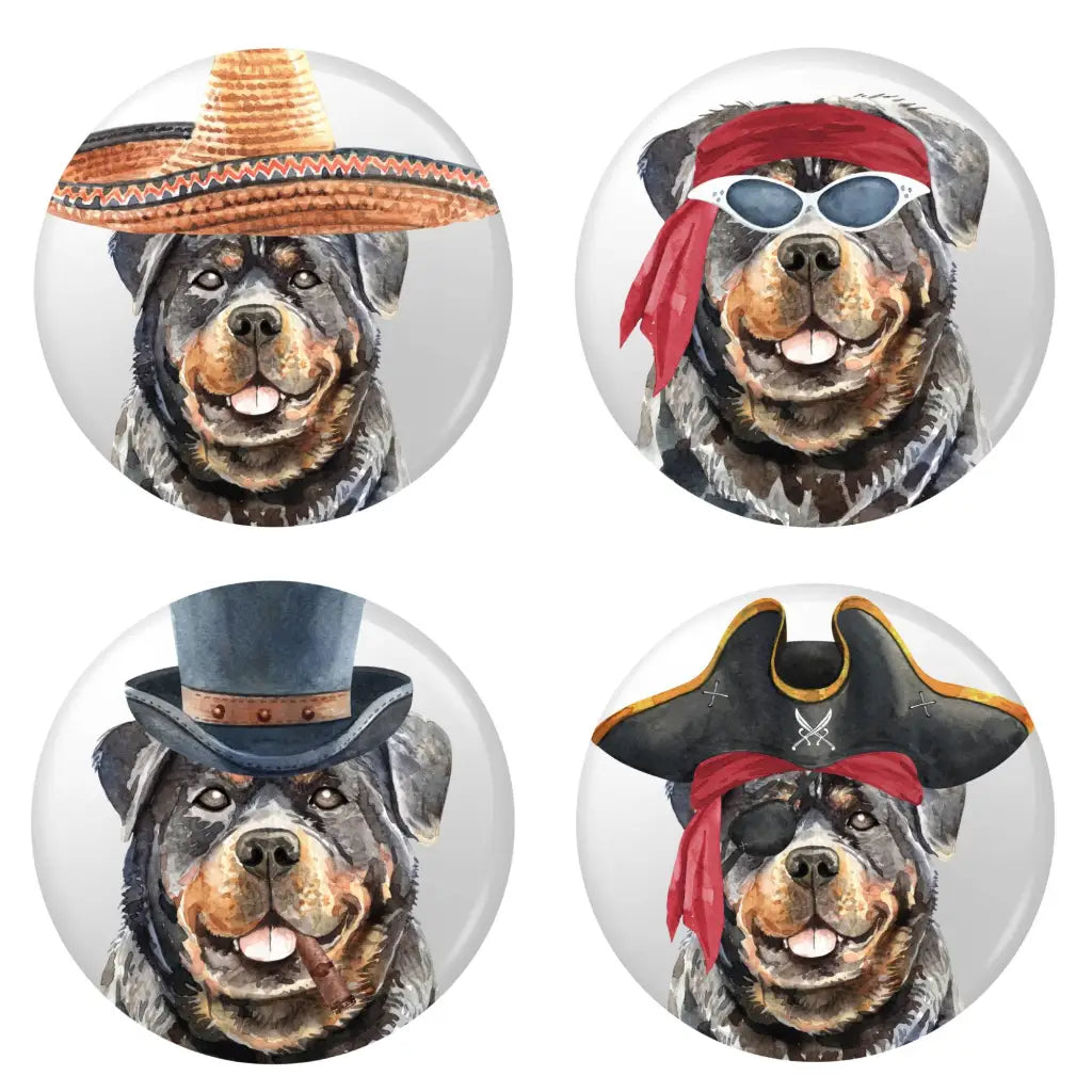 EMUWORKS - Dog Breed Badges , Set of 4 Rottweiler Dogs Featuring Headband Top Hat Sombrero Pirate Hats , Dog Personality Character Badge In Small Size - EMU Works