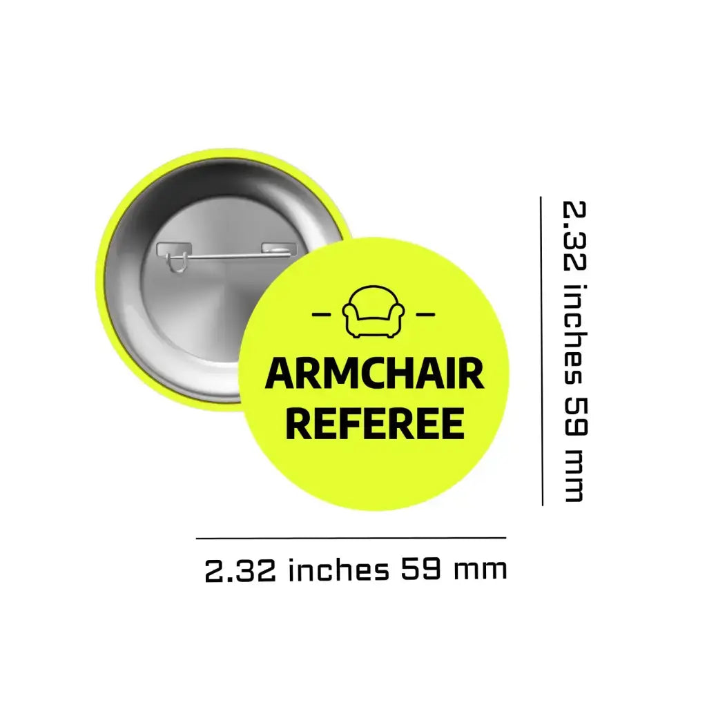 Dimensions of the Funny Football Badge, measuring 2.32 inches (59 mm) with 'Armchair Referee' label.