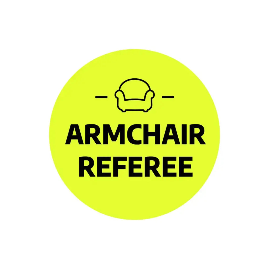Simple and vibrant design of the Funny Football Badge featuring 'Armchair Referee' text for football enthusiasts.