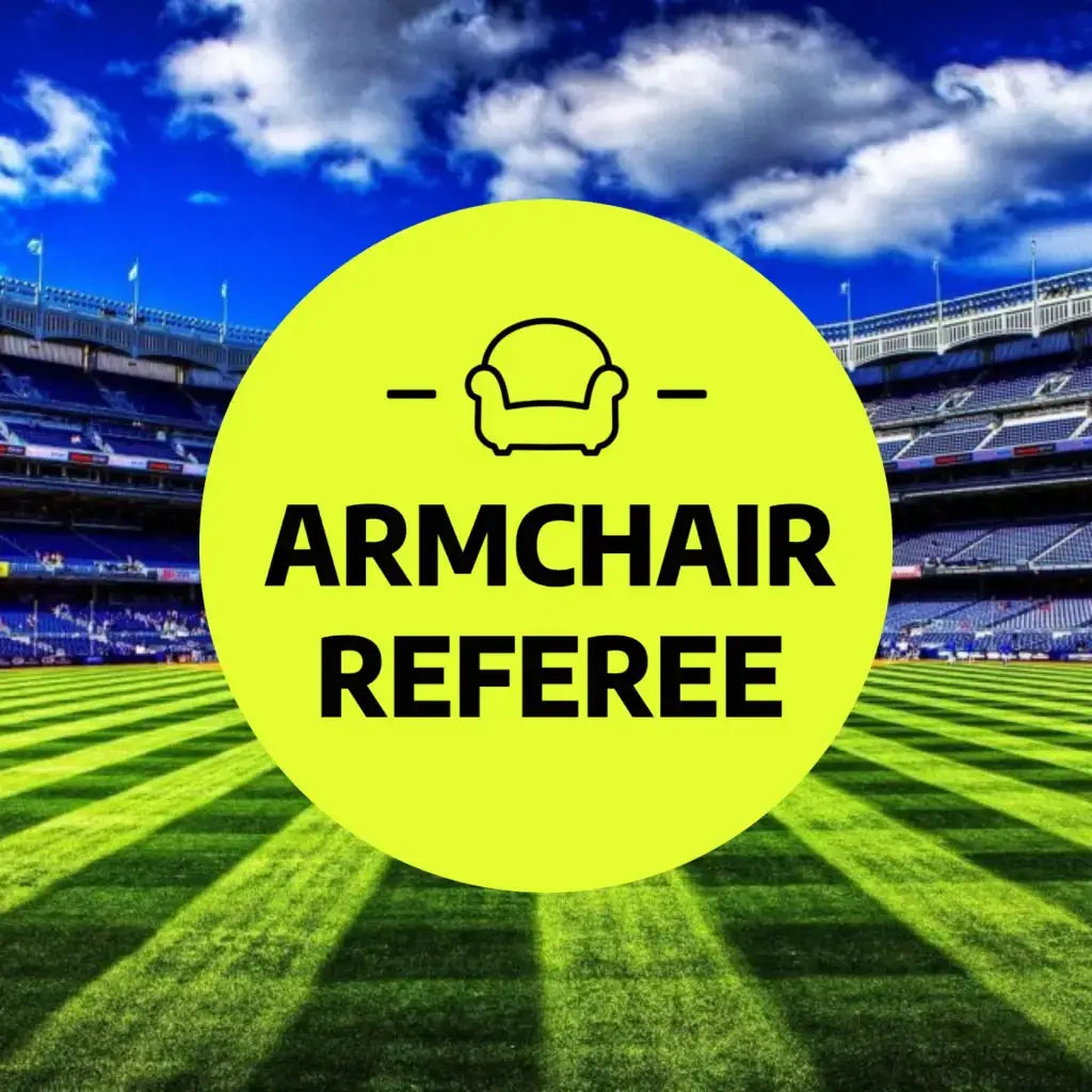 Scenic football field background featuring the Funny Football Badge text 'Armchair Referee', perfect for fans.