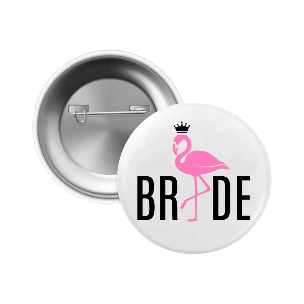 Close-up of Emuworks Team Bride Flamingo Design Bachelorette Party Badges, vibrant 59mm metal accessories for bridesmaids.