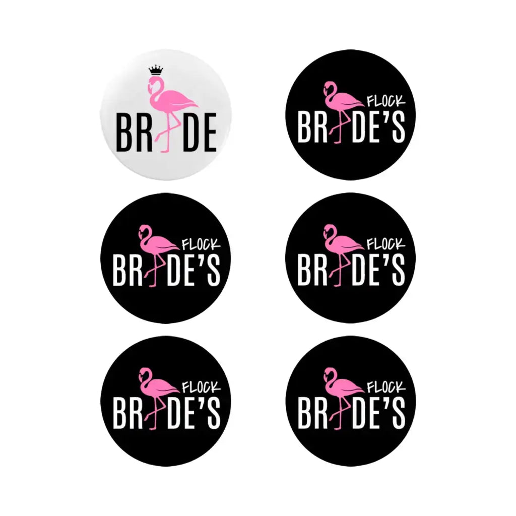 Set of 6 Bachelorette Party Badges featuring Emuworks Team Bride Flamingo Design, perfect accessories for a fun hen party.