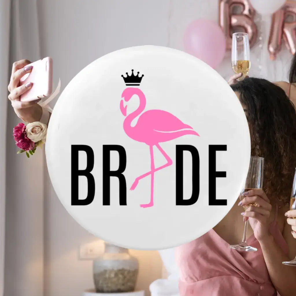 Set of 6 Bachelorette Party Badges featuring the vibrant flamingo design, ideal favours for an unforgettable hen party.