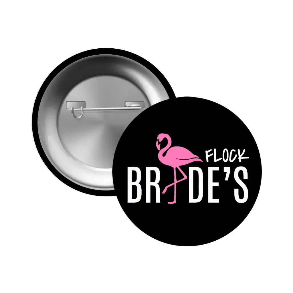 Group of friends wearing Set of 6 Bachelorette Party Badges at a hen party, showcasing the playful flamingo design.