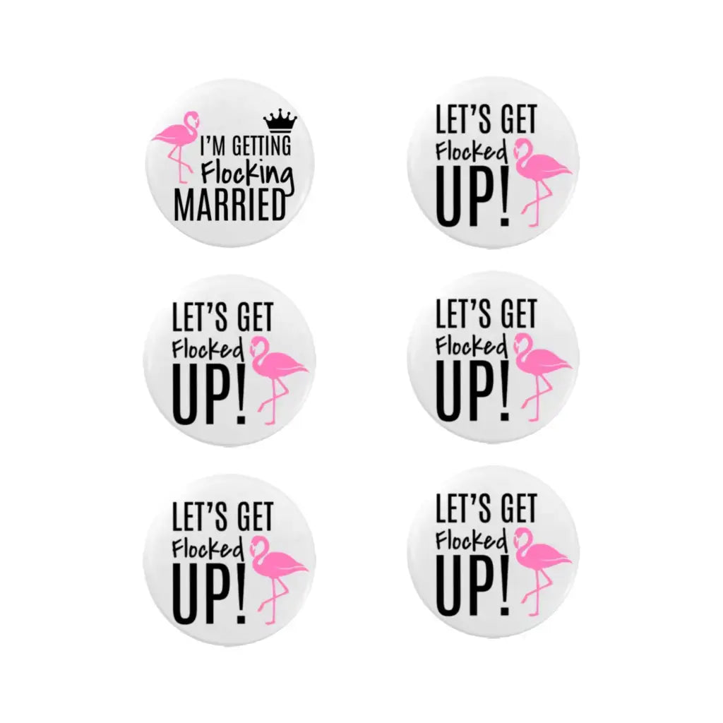 Emuworks Hen Party Accessories: Set of 6 Team Bride Badges, Flamingo I am Getting Flocking Married Design, Bachelorette Party Accessories, Hen Party Decorations, 59mm Round Metal - EMU Works
