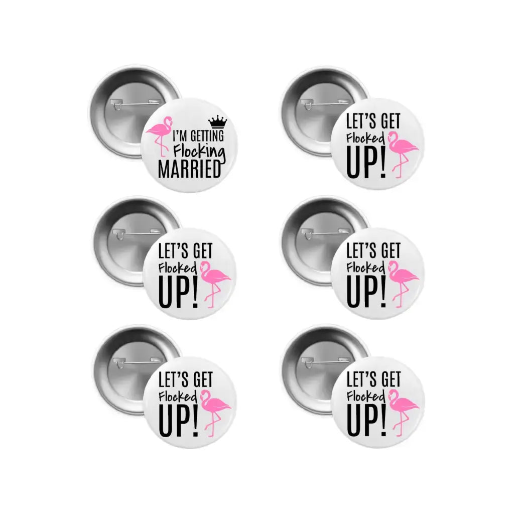 Emuworks Hen Party Accessories: Set of 6 Team Bride Badges, Flamingo I am Getting Flocking Married Design, Bachelorette Party Accessories, Hen Party Decorations, 59mm Round Metal - EMU Works