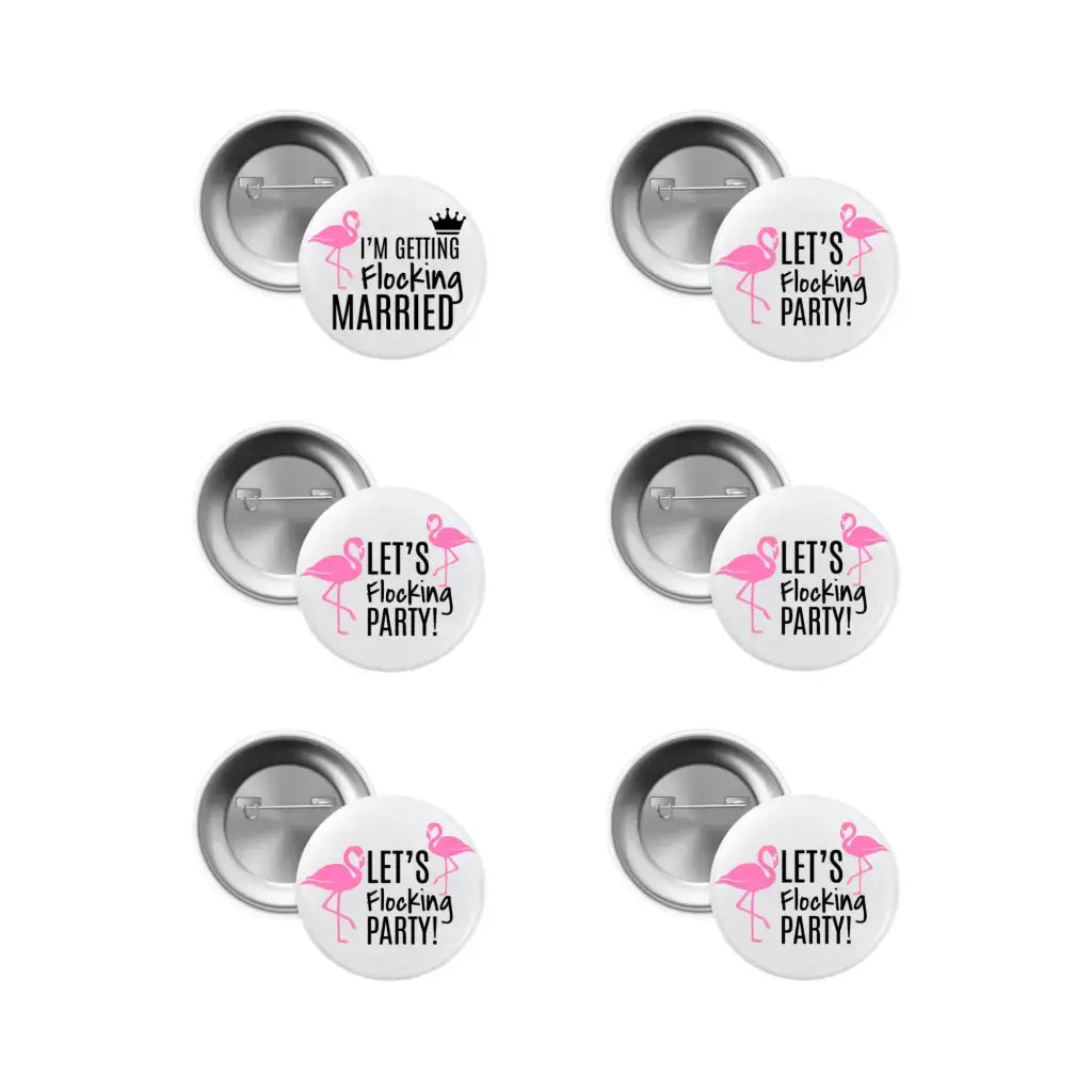 Team Bride Badges Set of 6 with flamingo motif, ideal for bridal party celebrations.
