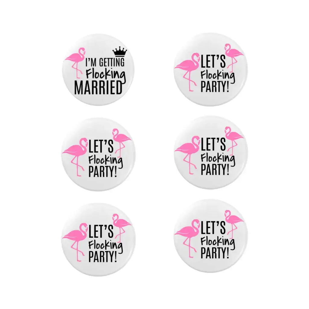 Team Bride Badges Set of 6 featuring a vibrant flamingo design - perfect hen party accessories.