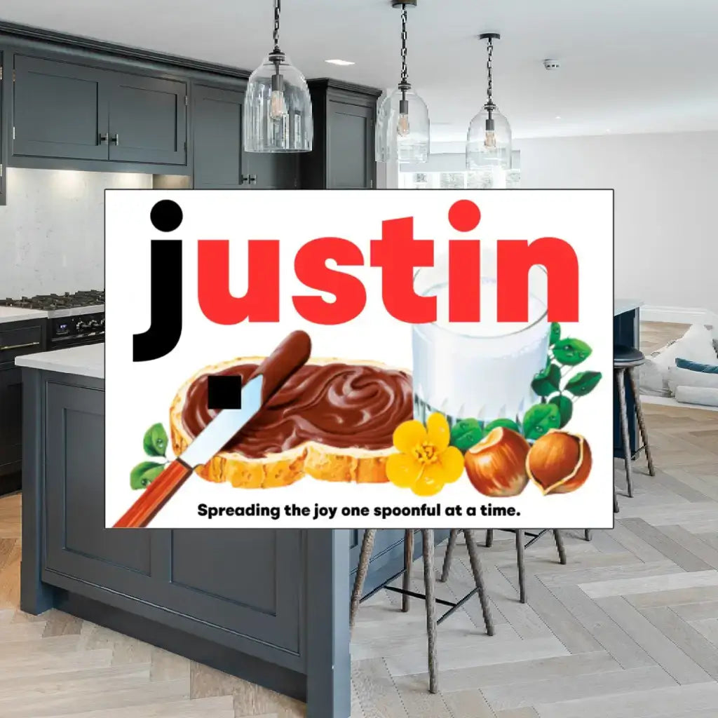 Premade Nutella Name Justin - Jar Sticker - Name Novelty Gift - Fits Jar 300gr - EMU Works