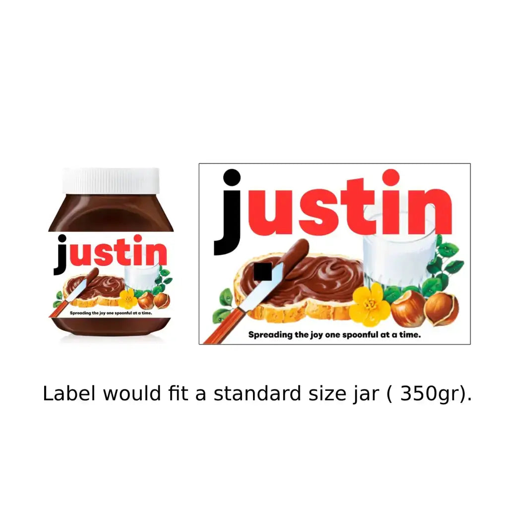 Premade Nutella Name Justin - Jar Sticker - Name Novelty Gift - Fits Jar 300gr - EMU Works