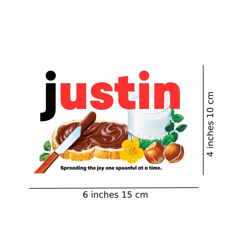 Premade Nutella Name Justin - Jar Sticker - Name Novelty Gift - Fits Jar 300gr - EMU Works