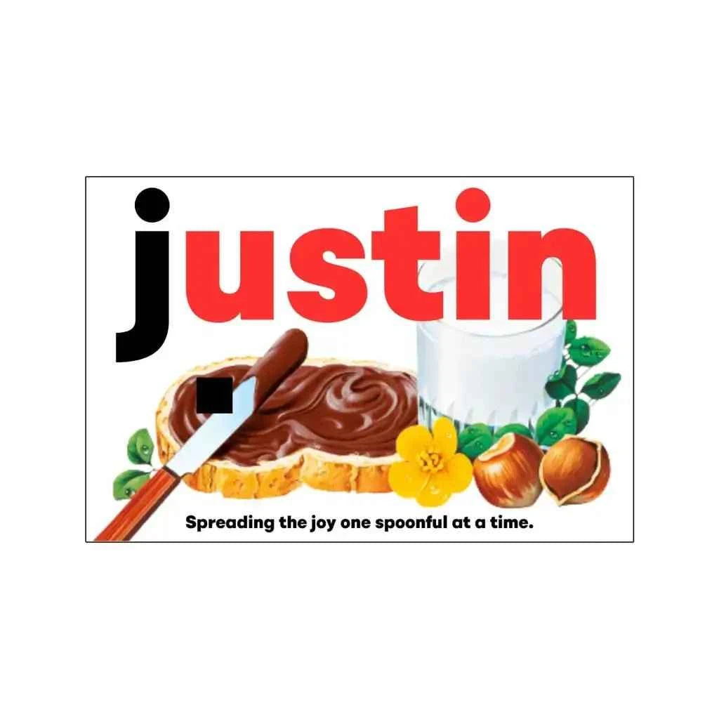Premade Nutella Name Justin - Jar Sticker - Name Novelty Gift - Fits Jar 300gr
