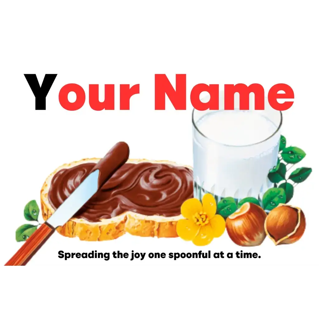 Vibrant Personalized Nutella Jar Sticker featuring a custom name and milk glass, ideal for Nutella enthusiasts.