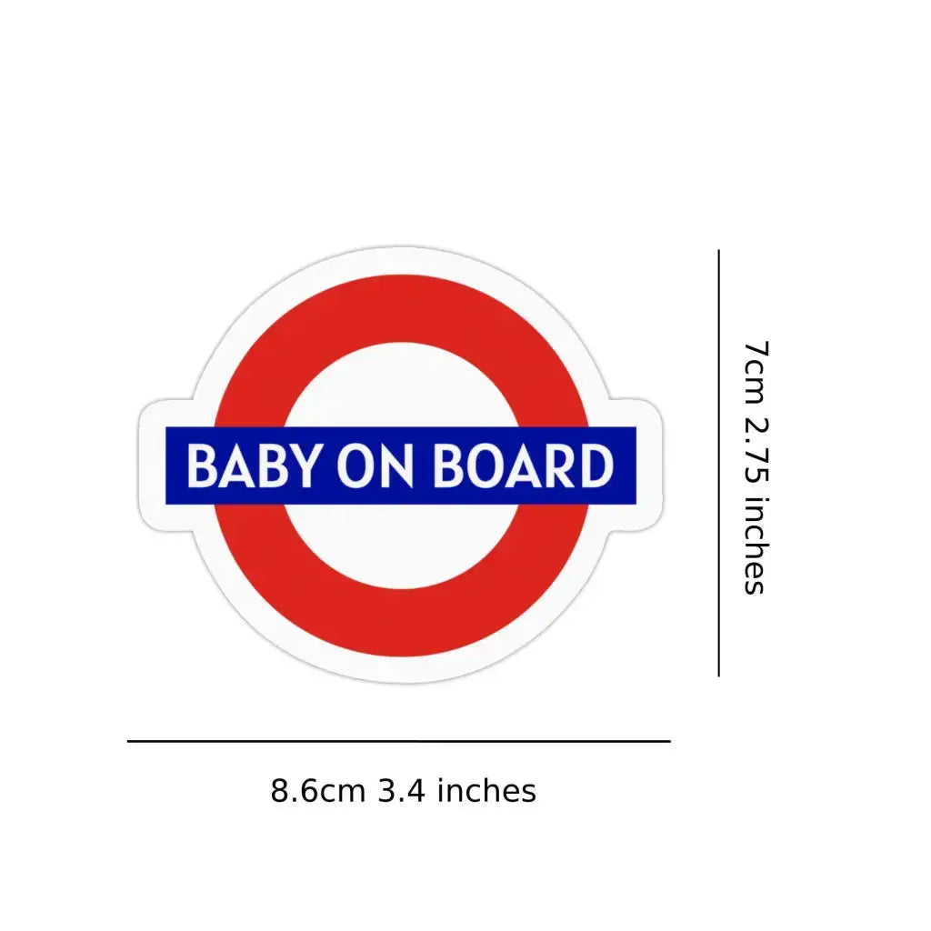 Image displaying the dimensions of the Pregnancy Announcement Stickers - Baby On Board London design, measuring 8.6cm x 7cm (3.4in x 2.75in).