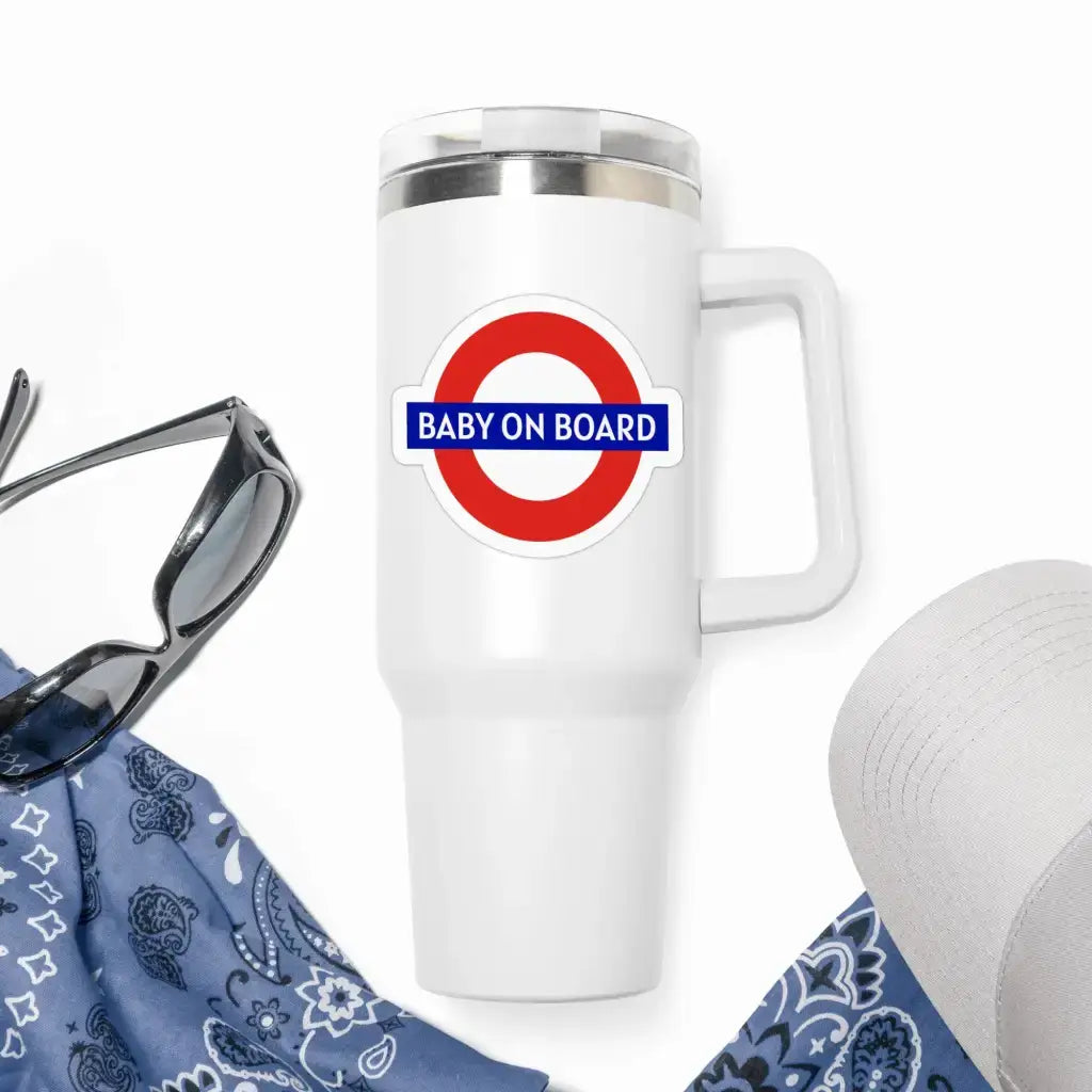 Travel mug showcasing the Pregnancy Announcement Stickers - Baby On Board London Design, a fun accessory for expectant parents.