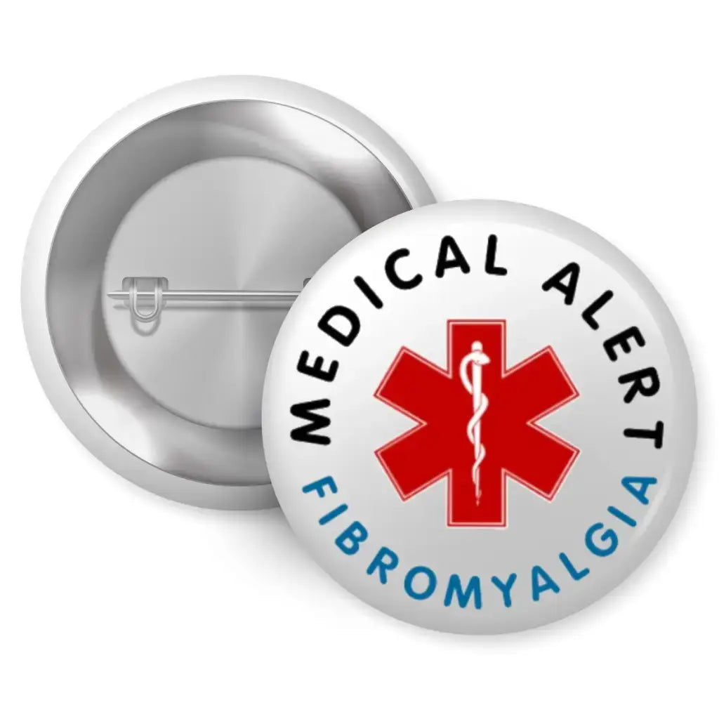 Fibromyalgia Awareness Accessories featuring a 25mm Medical Alert Logo Badge, designed for clear communication of fibromyalgia conditions in everyday situations.