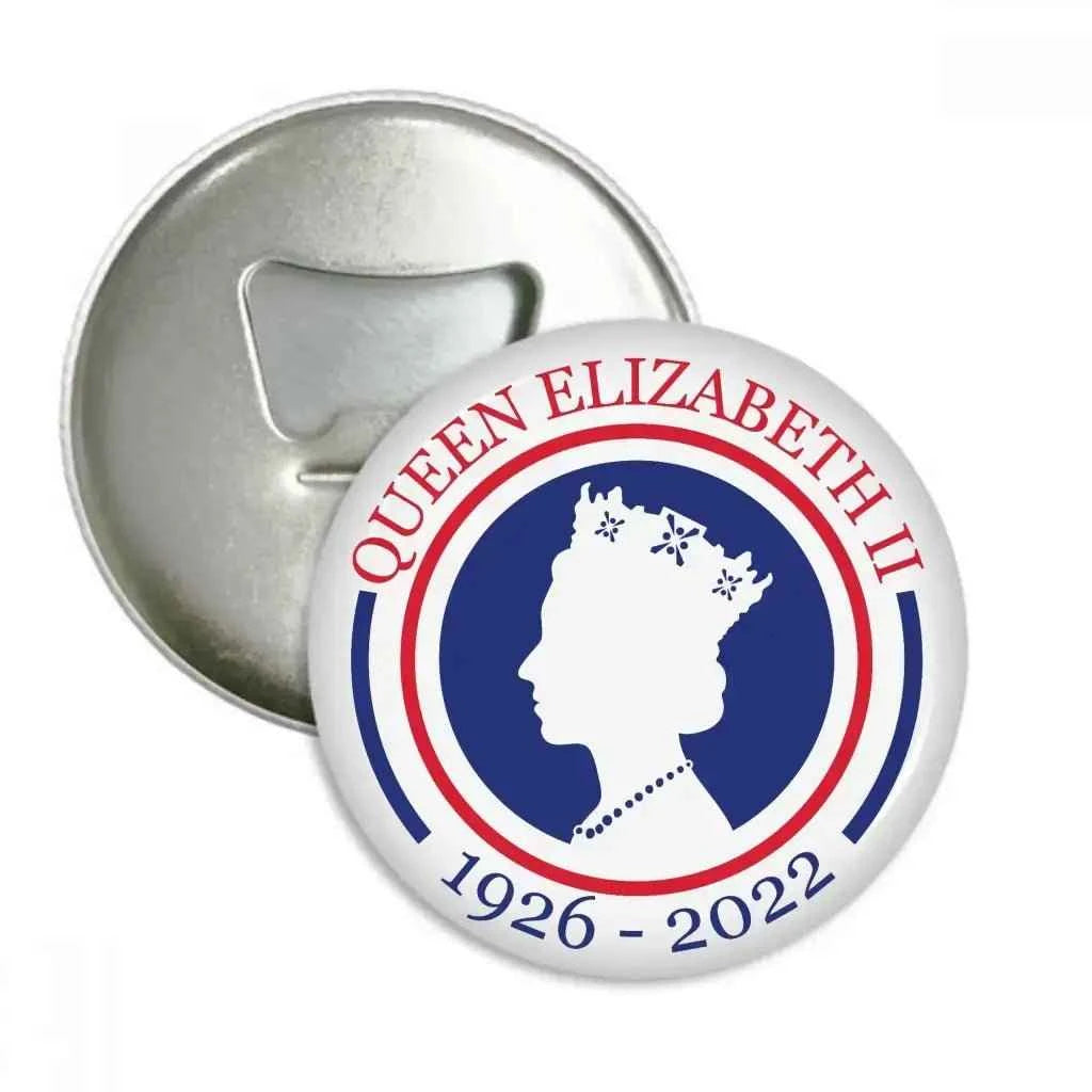 Magnetic bottle opener featuring a silhouette of Queen Elizabeth II with the dates 1926-2022, perfect as a queen elizabeth ii memorial gift.