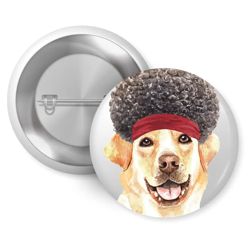 Labrador Pin Badge - Yellow Dog Breed Button 1 Inch (25mm) featuring a cheerful Labrador dog with a playful afro hairstyle and red headband, perfect for dog lovers and as cute accessories by EMU Works. Ideal for showcasing your passion for the labrador pin badge.