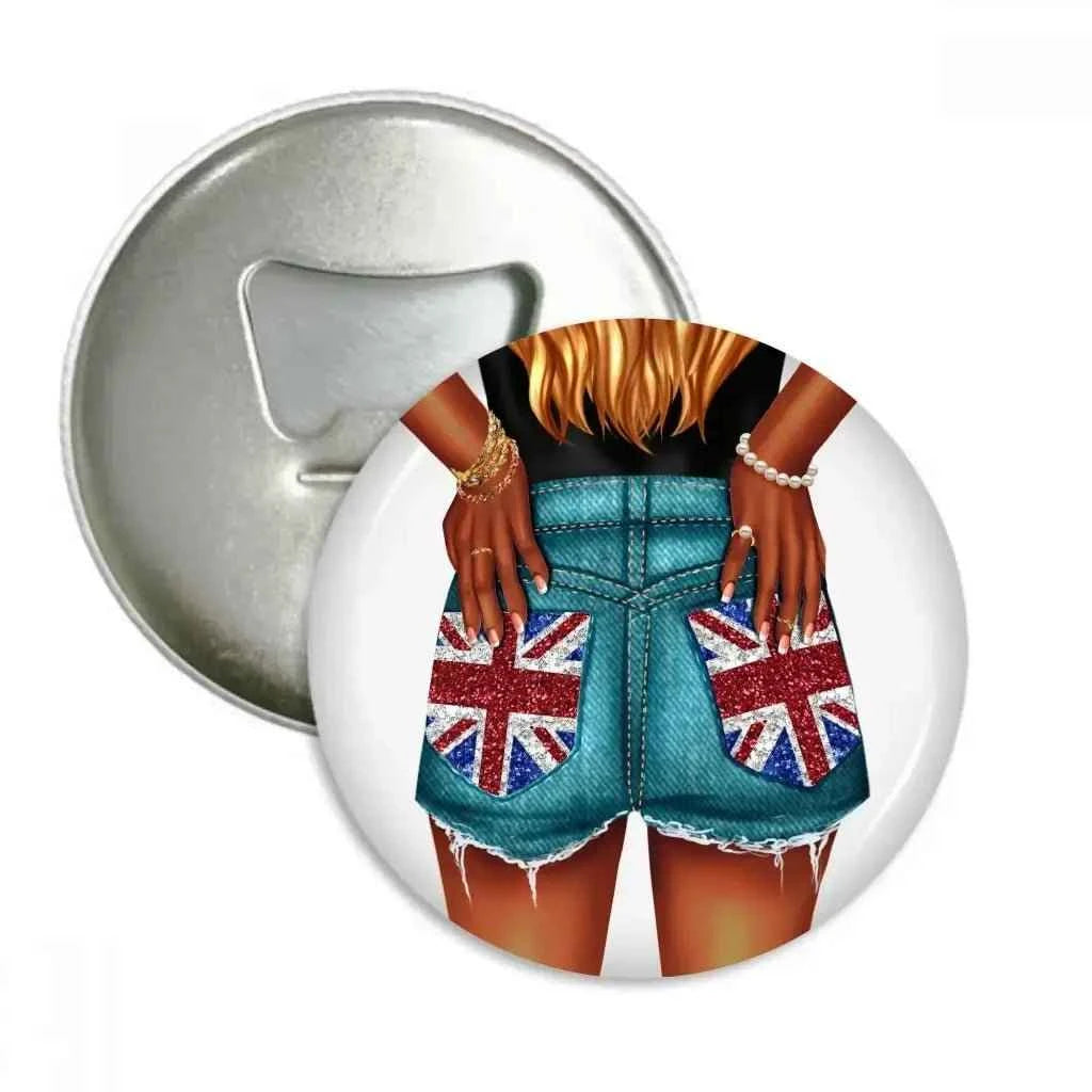 Fun union jack bottle opener featuring a playful UK flag design, illustrated on denim shorts.