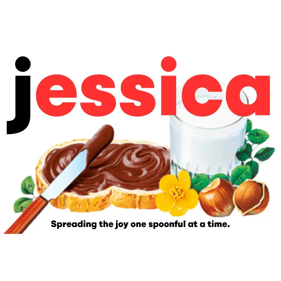 Premade Custom Chocolate Spread Label featuring the name 'Jessica' on a vibrant design with hazelnut spread, a knife, and decorative elements. Perfect for personalising gifts with this unique custom chocolate spread label.