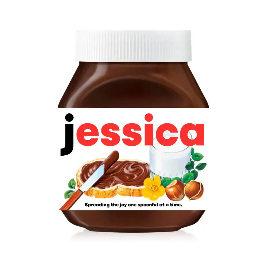 Personalised Nutella jar with a custom chocolate spread label for Jessica, showcasing a fun design with a spoon and hazelnuts. Ideal for adding a unique touch to gifts.