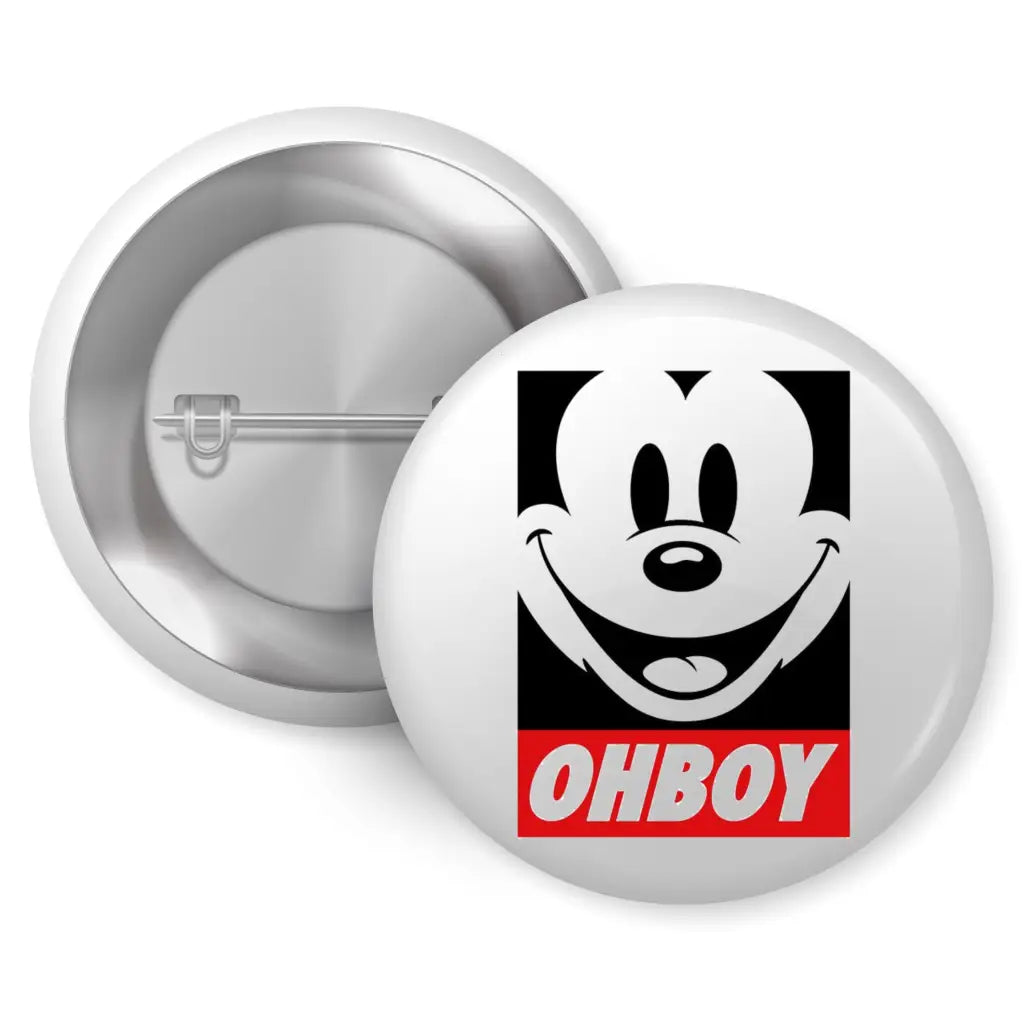Mickey Mouse Pin Badge - Retro Inspired 1 Inch Badge showcasing the iconic OH BOY character design by EMU Works, perfect for Disney fans.